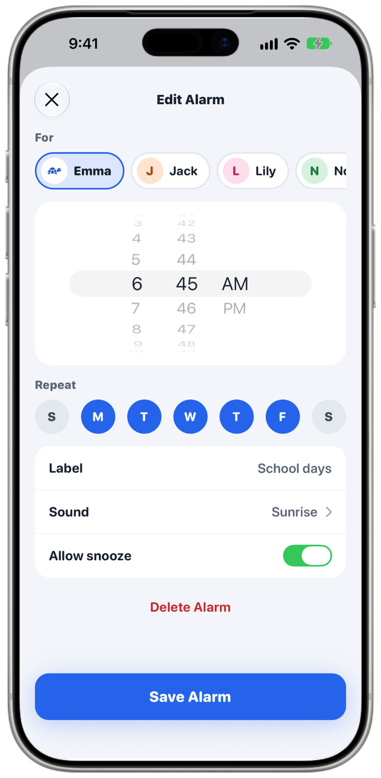 Editing an alarm: who it's for, the time, repeat days, label and sound.