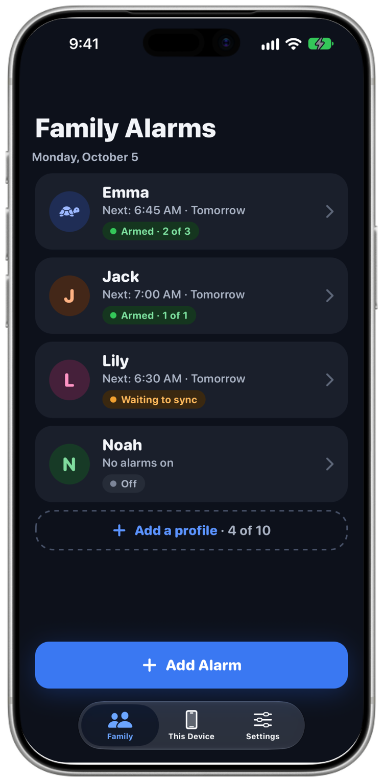 The Family screen in Dark Mode.
