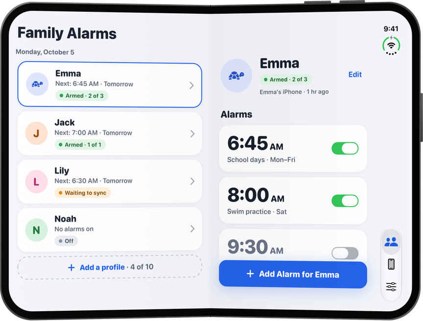 iPhone Duo unfolded: the Family list beside Emma's alarms.
