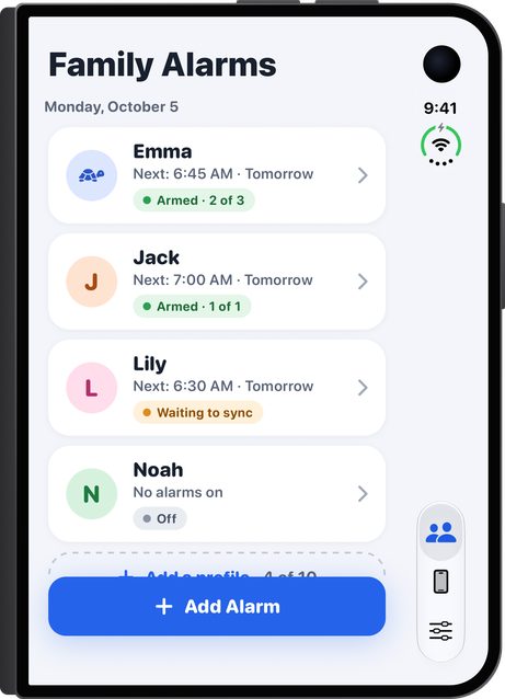 iPhone Duo folded: the Family screen with Emma, Jack, Lily and Noah, each with their next alarm and whether it's armed.