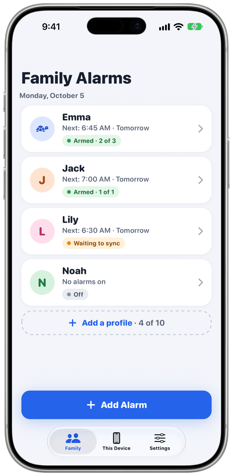 Bunkbell's Family screen: Emma, Jack, Lily and Noah, each with their next alarm and whether it's armed.